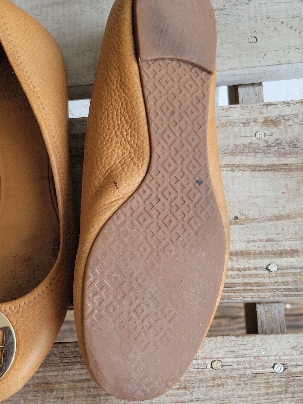 Tory Burch Camel Leather Ballet Flats with Gold Logo Medallion - Picture 3 of 6